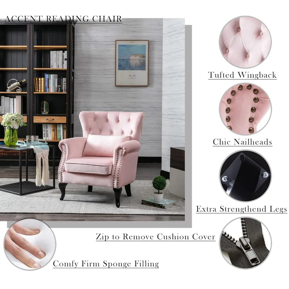 Mid Century Modern Accent Chair Upholstered Armchair Comfy Velvet Fabric Single Sofa with Tufted Wingback for Small, Customized