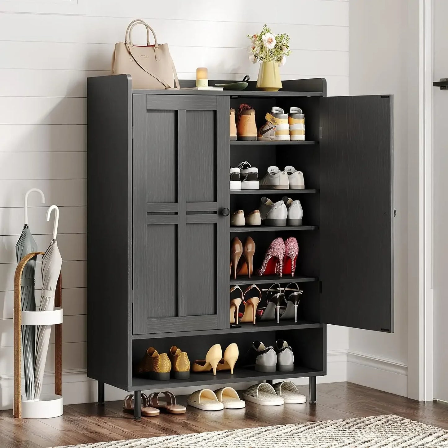 Customized6-Tier Shoe Storage Cabinet with Cross Molding Doors 3 Adjustable Shelves Metal Legs for Entryway Organizer