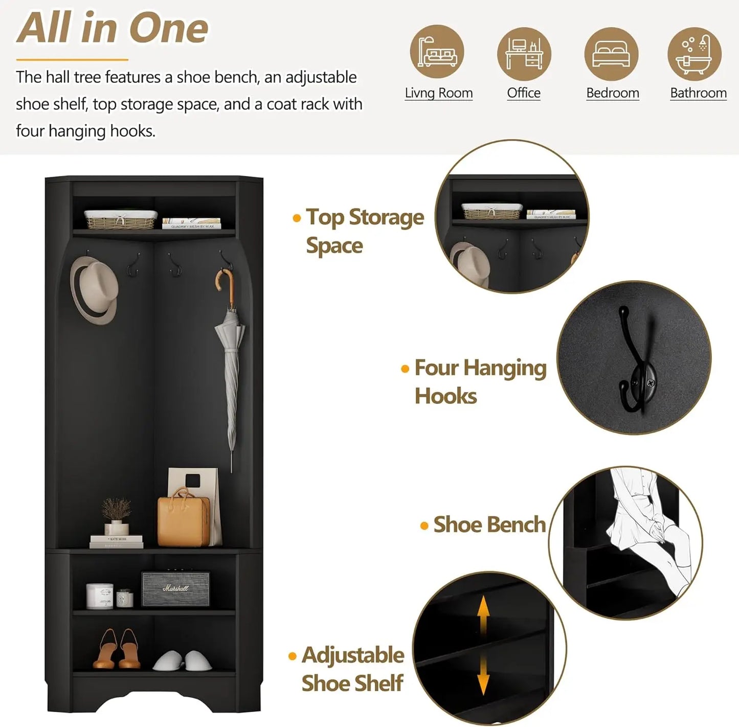 Corner Hall Tree with Bench and Shoe Storage, Modern Entryway Bench with Coat Rack and Adjustable Shelf for Hallway, Living Room