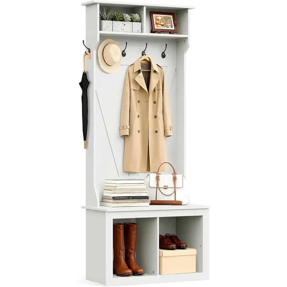 75-Inch White Entryway Bench with Coat Rack, Shoe Storage, and 4-Cubby Organizer