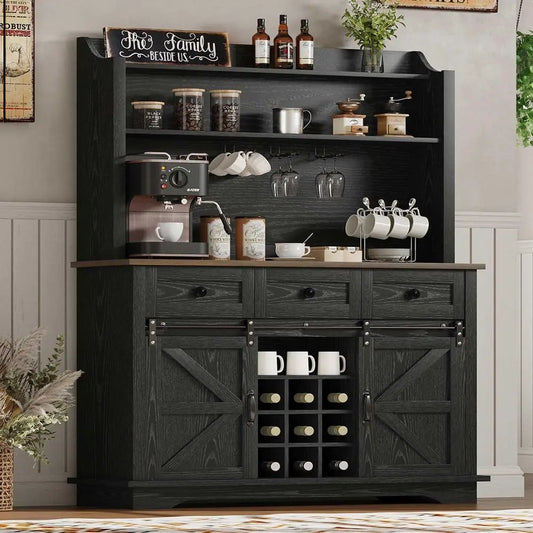 63 Tall 3-Tier Coffee Bar Cabinet, Kitchen Hutch with 3 Drawers, 9-Rack Wine Storage with 3 Glass Holders, Suitable for Living a