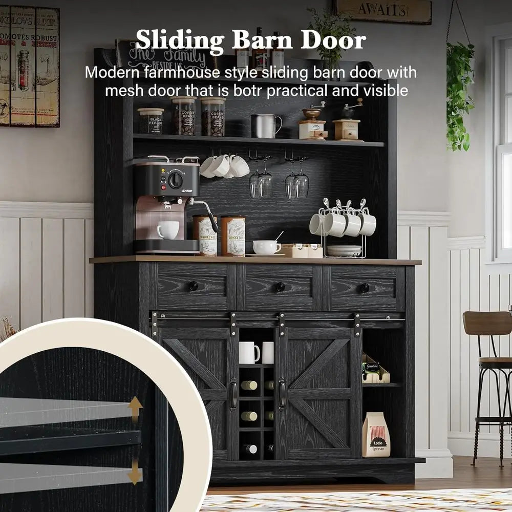 63 Tall 3-Tier Coffee Bar Cabinet, Kitchen Hutch with 3 Drawers, 9-Rack Wine Storage with 3 Glass Holders, Suitable for Living a