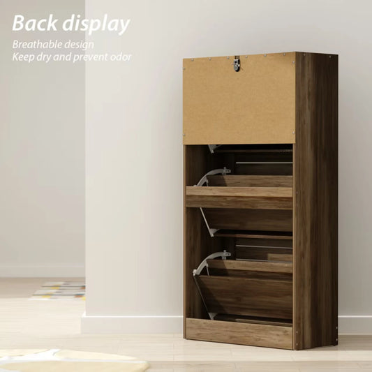 3-Door Wooden Brown Shoe Cabinet with Shutter Door Drawers Multi-Purpose Adjustable Shelf Storage Organizer for Entryway