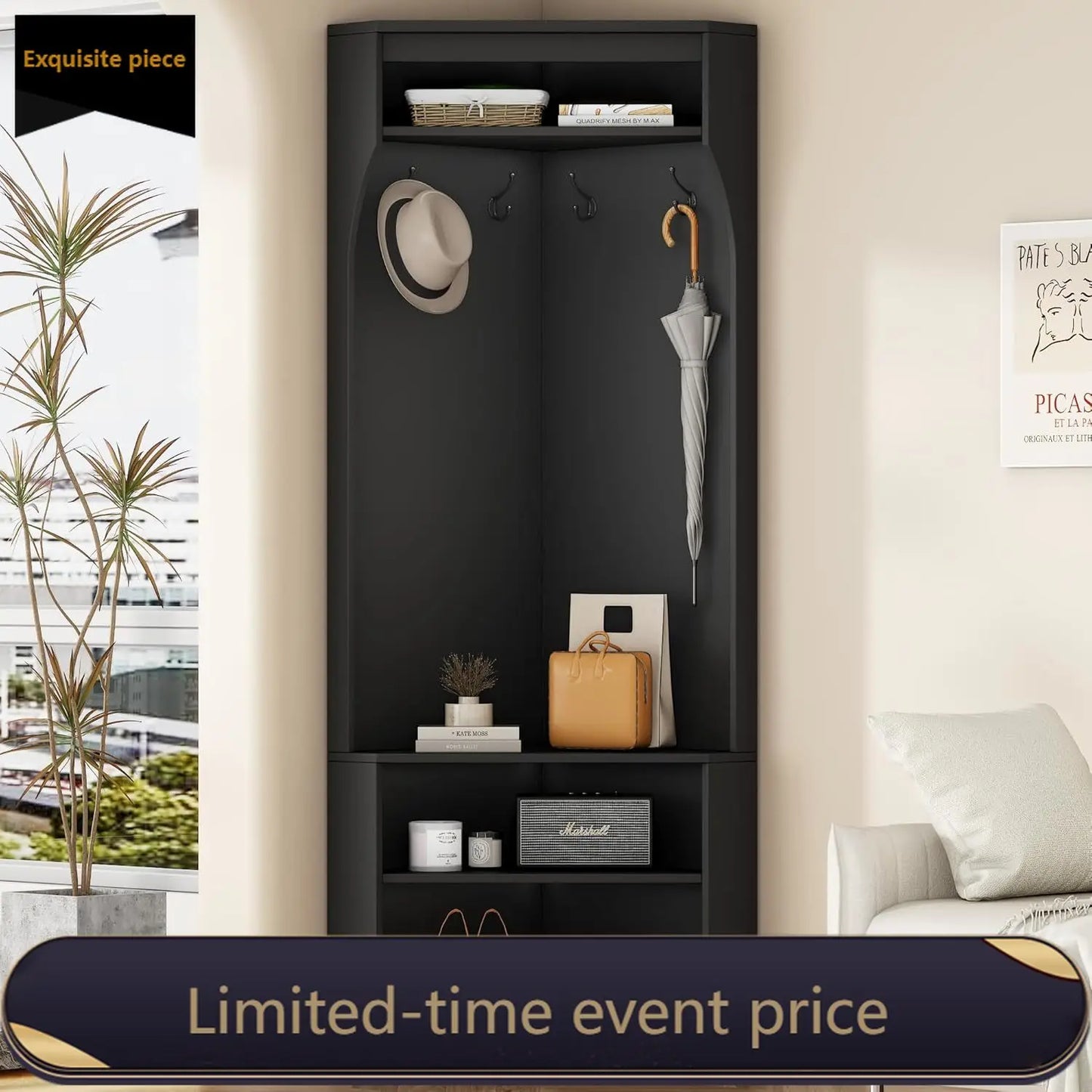 Corner Hall Tree with Bench and Shoe Storage, Modern Entryway Bench with Coat Rack and Adjustable Shelf for Hallway, Living Room