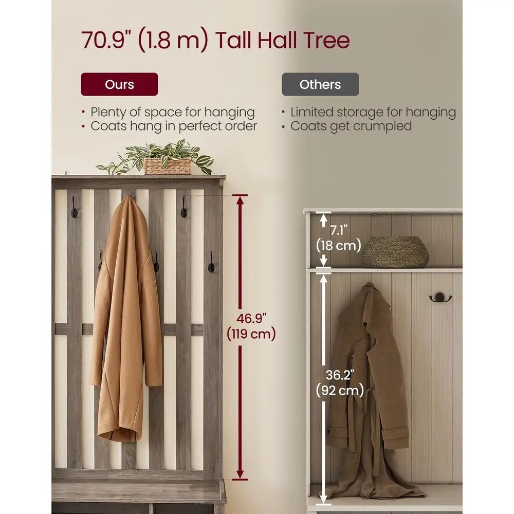 Hall Tree with Bench and Shoe Storage, Coat Rack with Shoe Bench, 7 Double Hooks for Jackets, Hats, Entryway, Bedroom, Living R