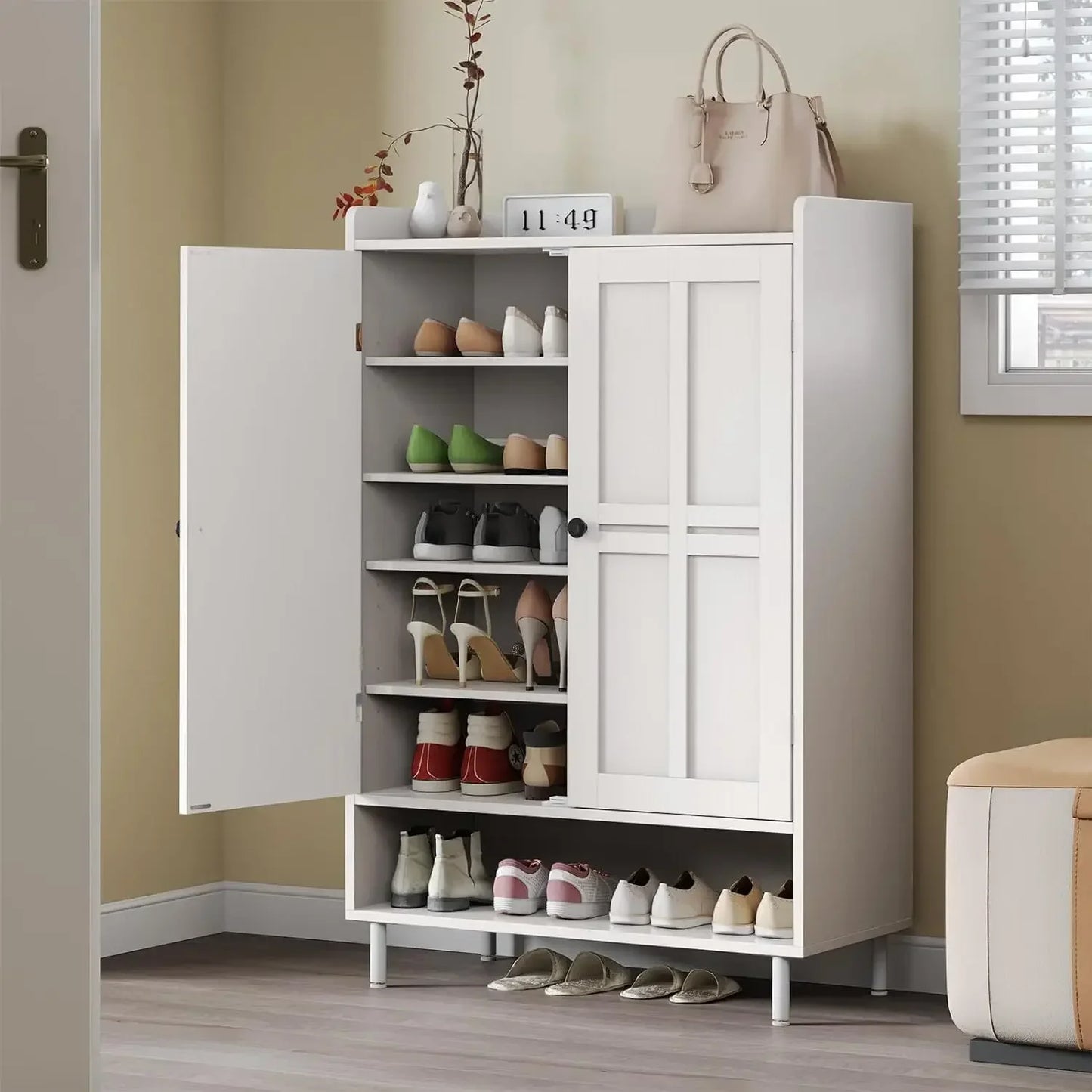 Customized6-Tier Shoe Storage Cabinet with Cross Molding Doors 3 Adjustable Shelves Metal Legs for Entryway Organizer