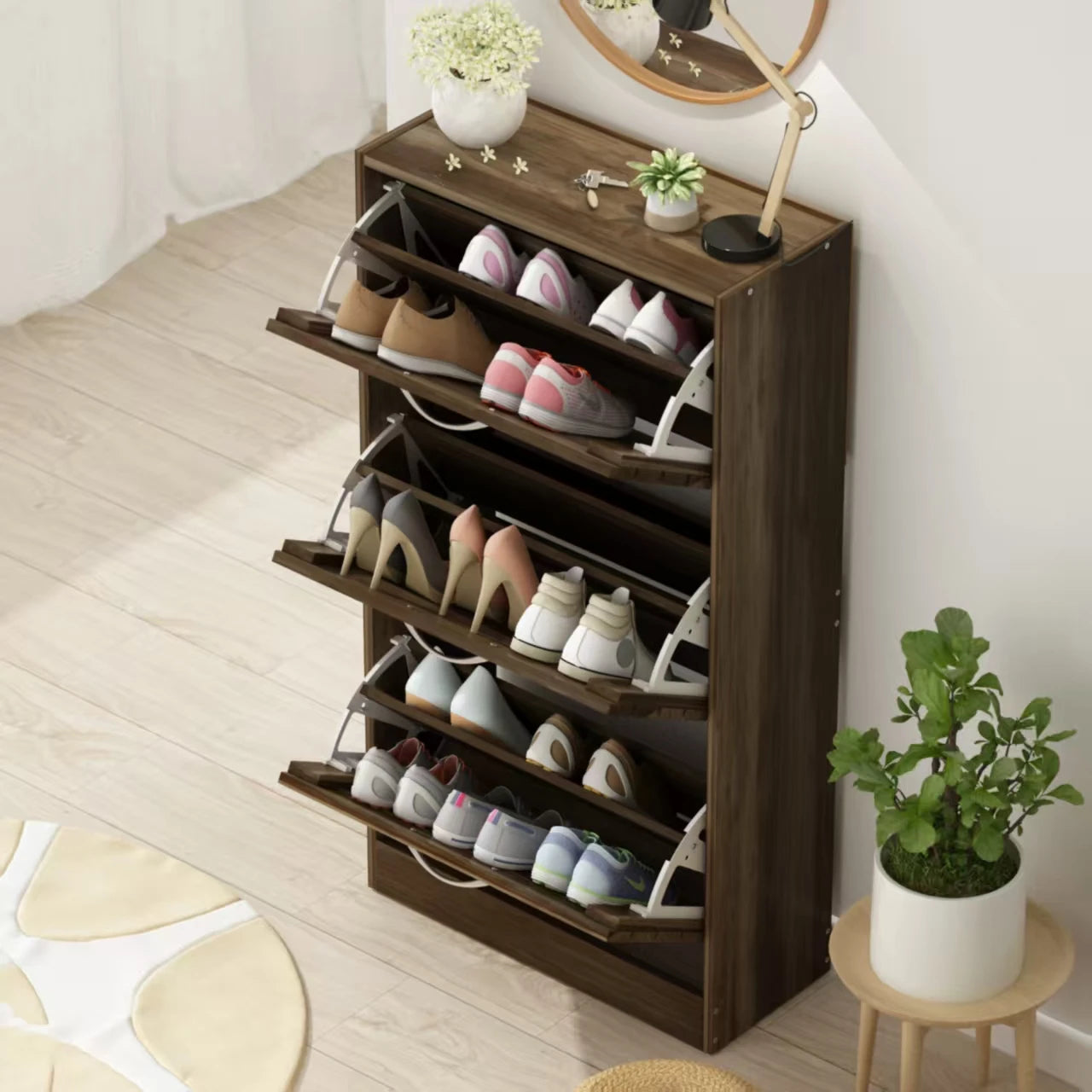3-Door Wooden Brown Shoe Cabinet with Shutter Door Drawers Multi-Purpose Adjustable Shelf Storage Organizer for Entryway