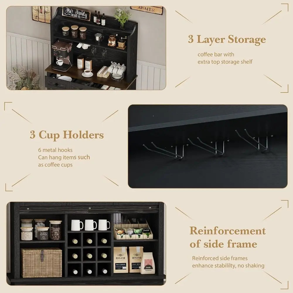 63 Tall 3-Tier Coffee Bar Cabinet, Kitchen Hutch with 3 Drawers, 9-Rack Wine Storage with 3 Glass Holders, Suitable for Living a