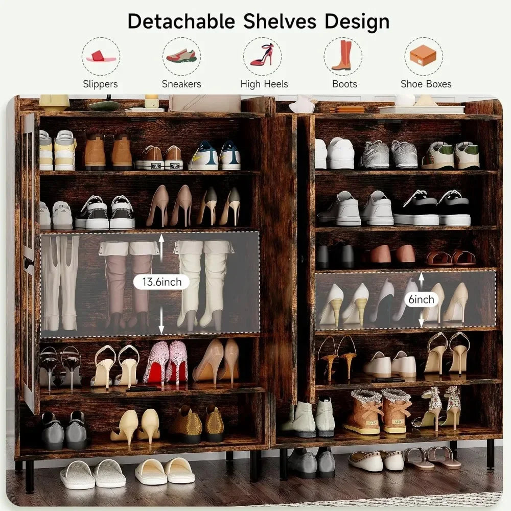 Customized6-Tier Shoe Storage Cabinet with Cross Molding Doors 3 Adjustable Shelves Metal Legs for Entryway Organizer