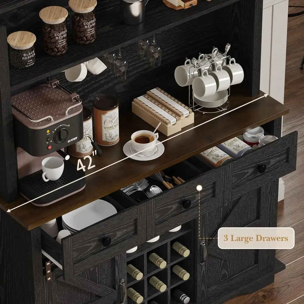 63 Tall 3-Tier Coffee Bar Cabinet, Kitchen Hutch with 3 Drawers, 9-Rack Wine Storage with 3 Glass Holders, Suitable for Living a