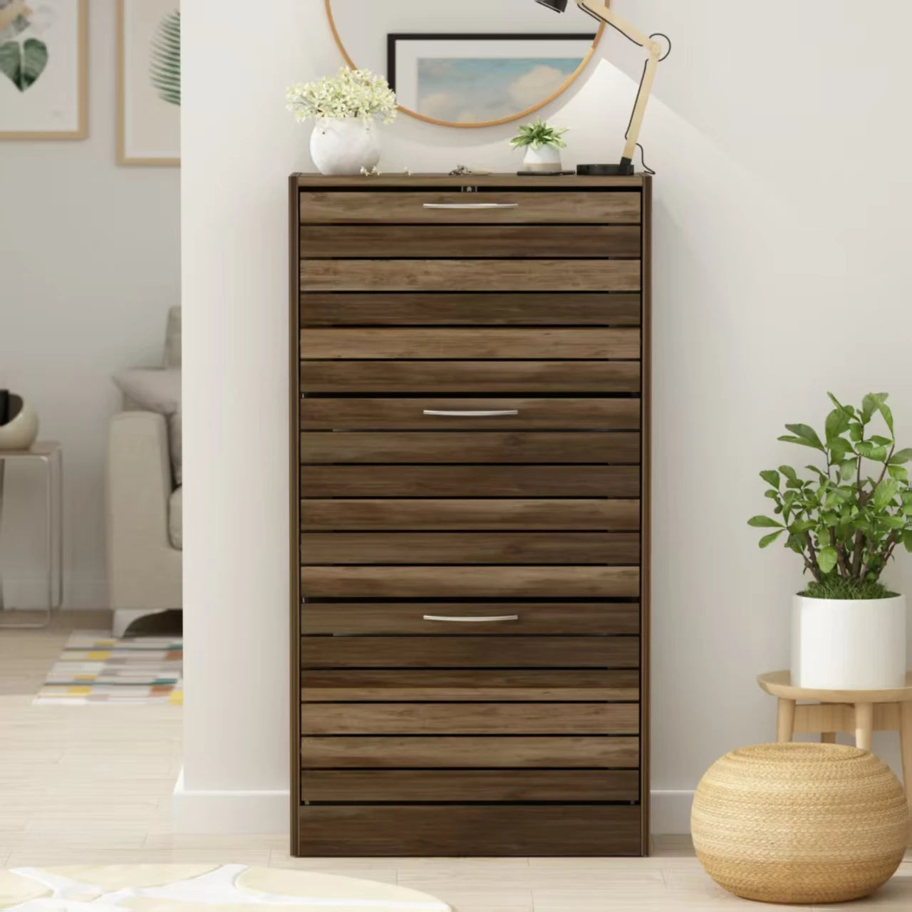 3-Door Wooden Brown Shoe Cabinet with Shutter Door Drawers Multi-Purpose Adjustable Shelf Storage Organizer for Entryway