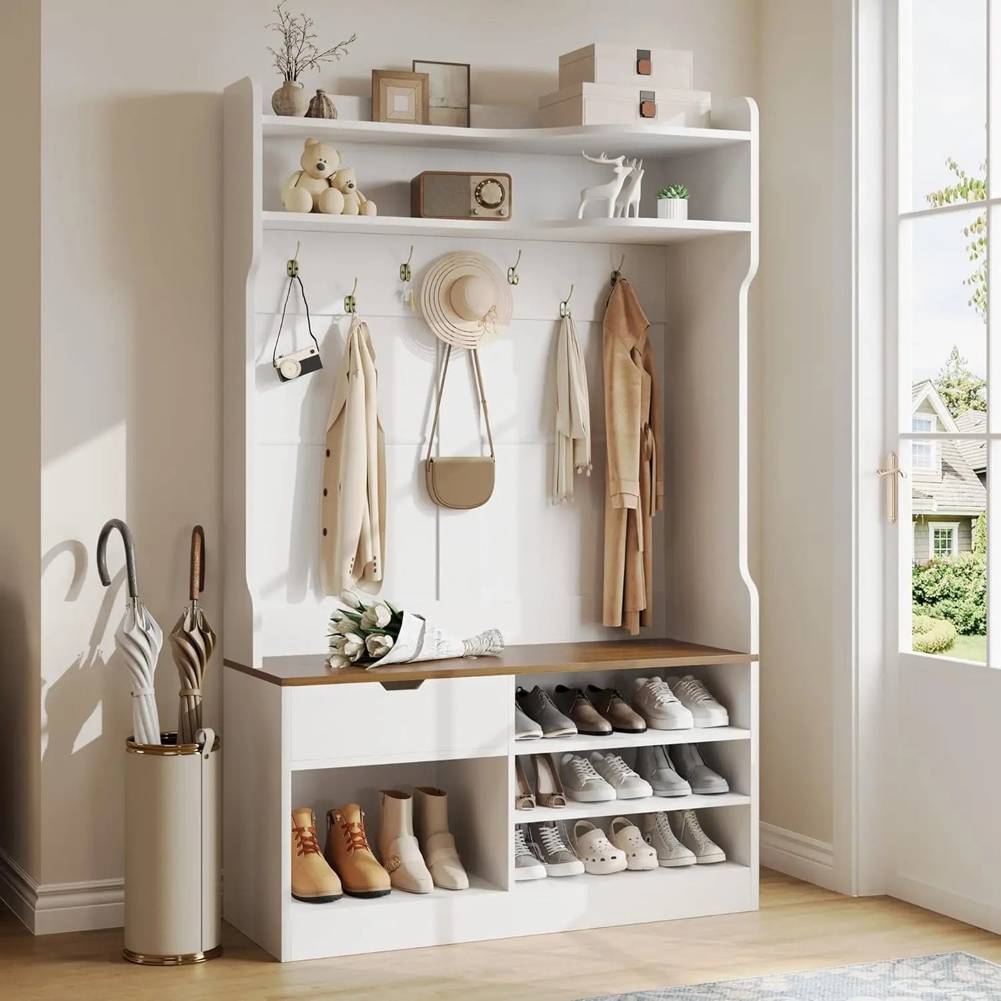 Bench, Simple Style 5 in 1 Hall Tree, Entryway Storage bench3-Layer Shoe Cabinet & 7 Coat Hooks,, Customized