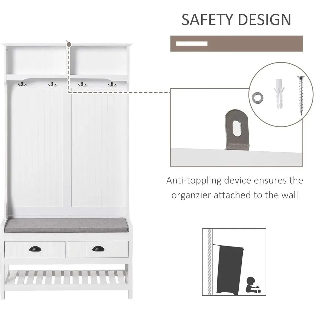 3-in-1 White Entryway Bench with Coat Rack, Shoe Storage, and Padded Seat Cushions