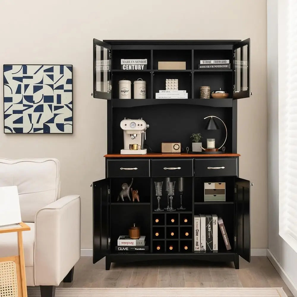 Kitchen Hutch Cabinet with Storage Island, Serving Buffet, 3 Drawers & 9 Bottle Rack (Black)