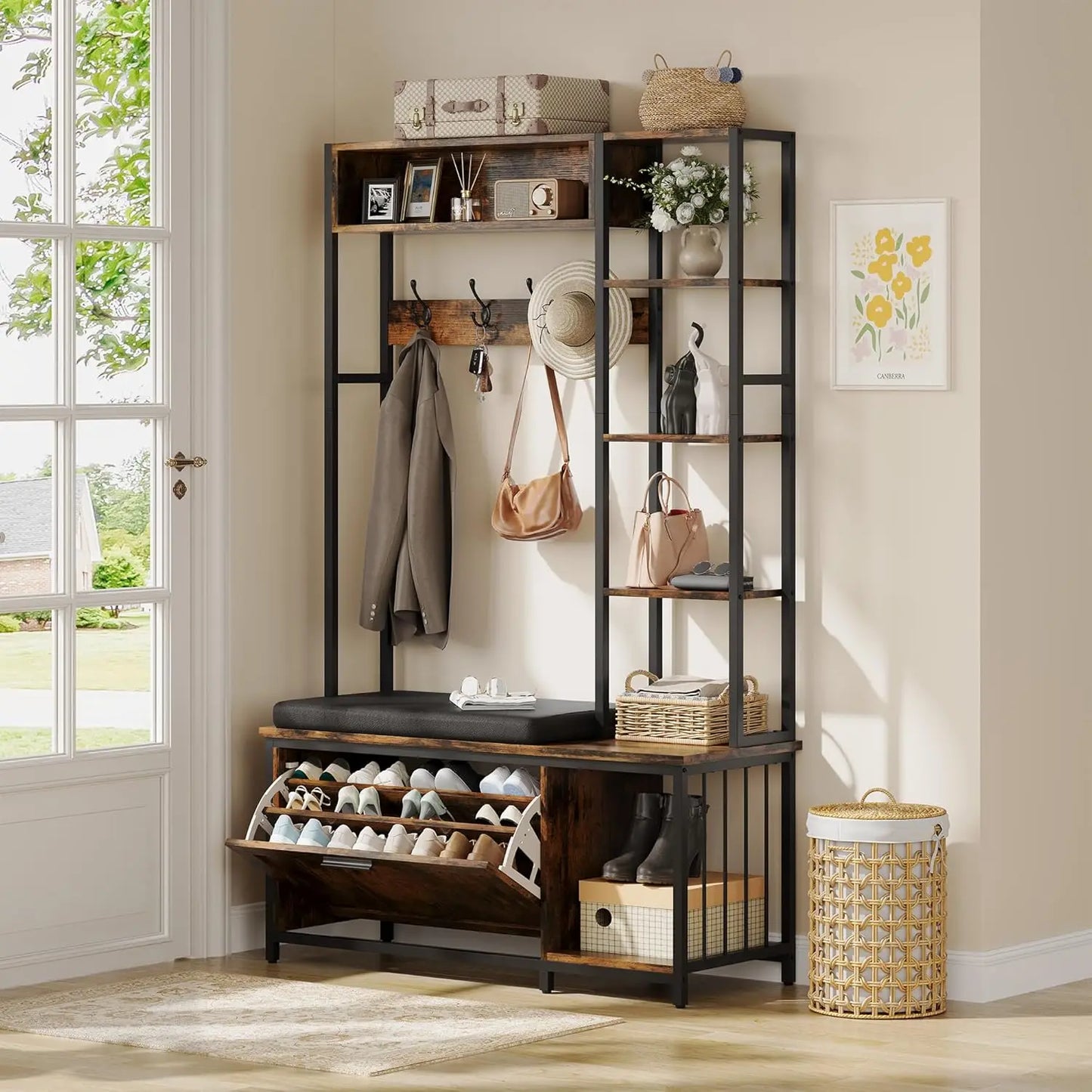 Bench, Simple Style 5 in 1 Hall Tree, Entryway Storage bench3-Layer Shoe Cabinet & 7 Coat Hooks,, Customized