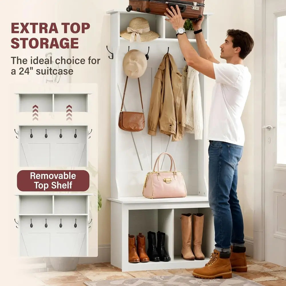 75-Inch White Entryway Bench with Coat Rack, Shoe Storage, and 4-Cubby Organizer