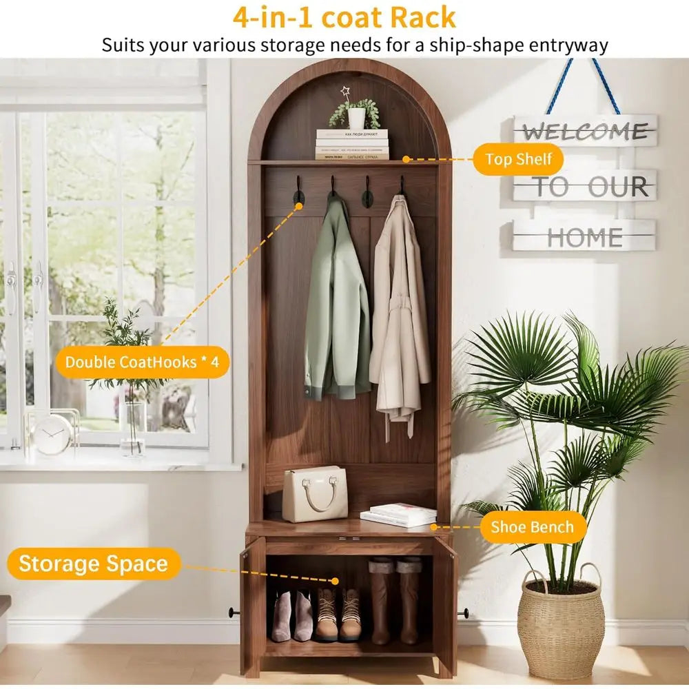 Walnut Entryway Bench with Coat Rack and Shoe Storage, 70.9 Arch Rack, 4 Hooks, 2 Luted Doors