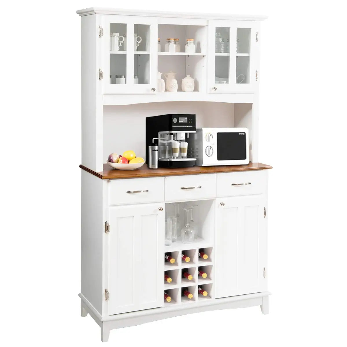 White Kitchen Hutch Sideboard Buffet Cabinet with 3 Drawers & 9 Wine Bottle Storage, Customized