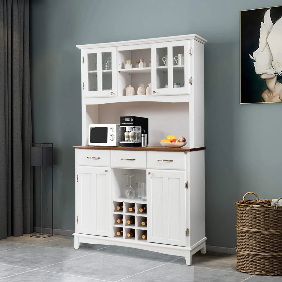 White Kitchen Hutch Sideboard Buffet Cabinet with 3 Drawers & 9 Wine Bottle Storage, Customized