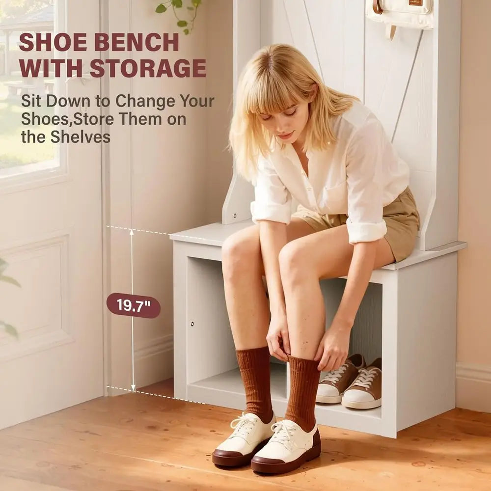 75-Inch White Entryway Bench with Coat Rack, Shoe Storage, and 4-Cubby Organizer