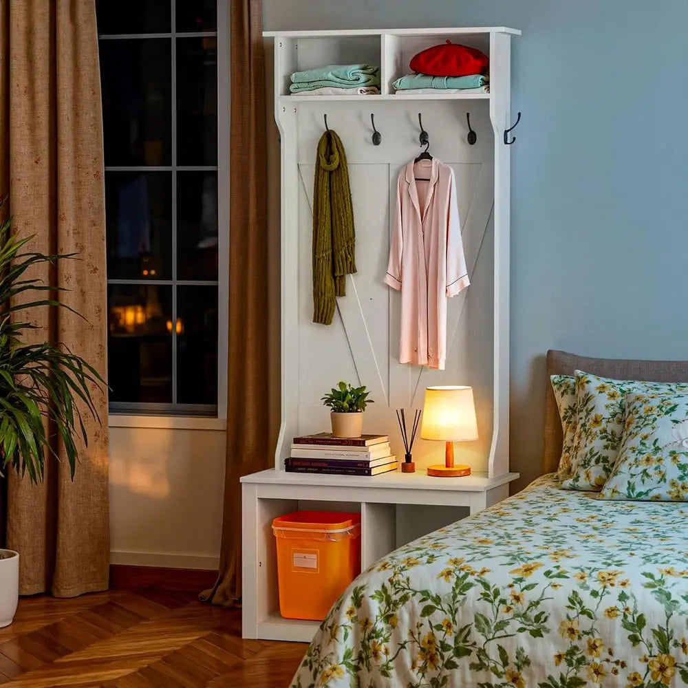 75-Inch White Entryway Bench with Coat Rack, Shoe Storage, and 4-Cubby Organizer