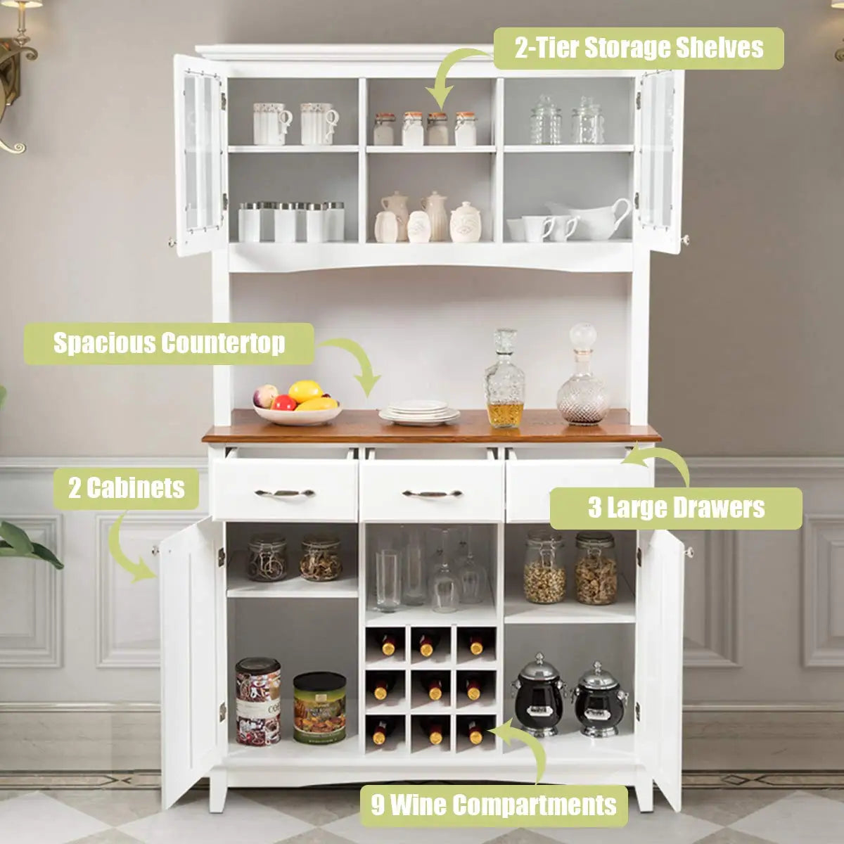 White Kitchen Hutch Sideboard Buffet Cabinet with 3 Drawers & 9 Wine Bottle Storage, Customized