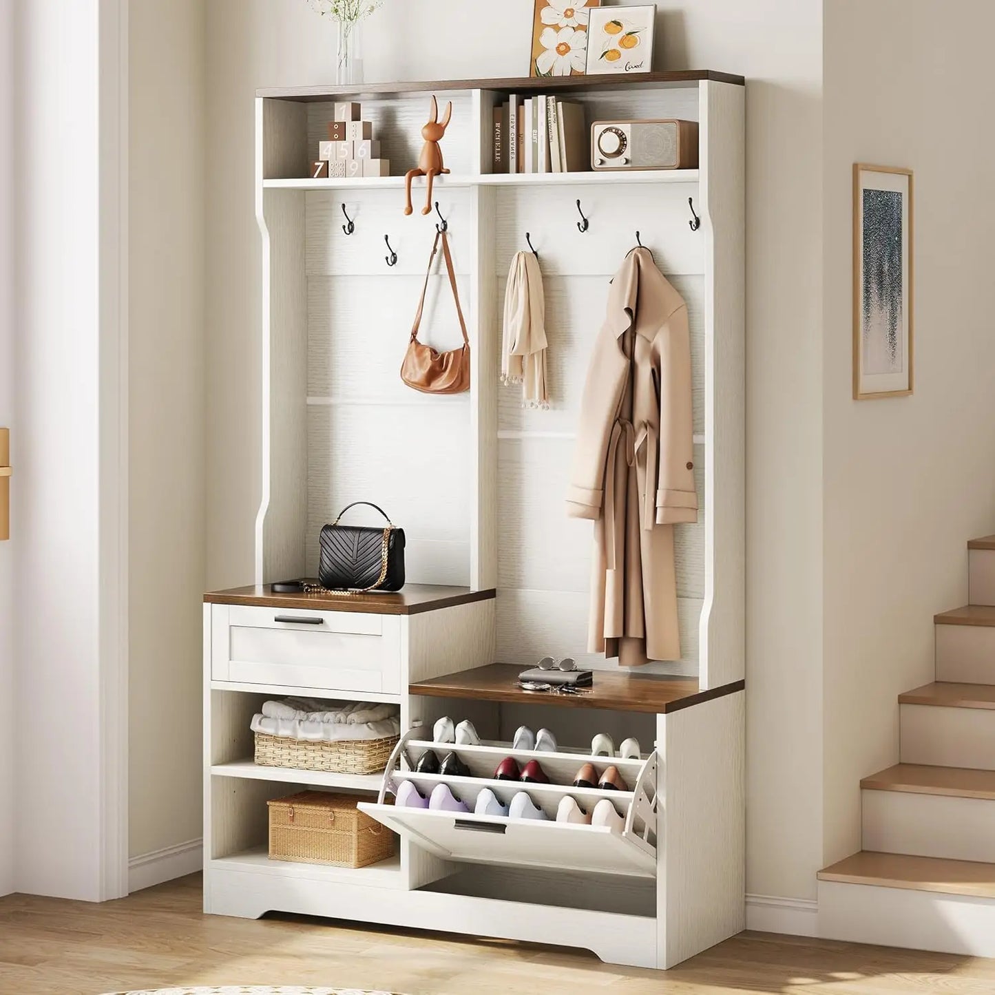 Bench, Simple Style 5 in 1 Hall Tree, Entryway Storage bench3-Layer Shoe Cabinet & 7 Coat Hooks,, Customized