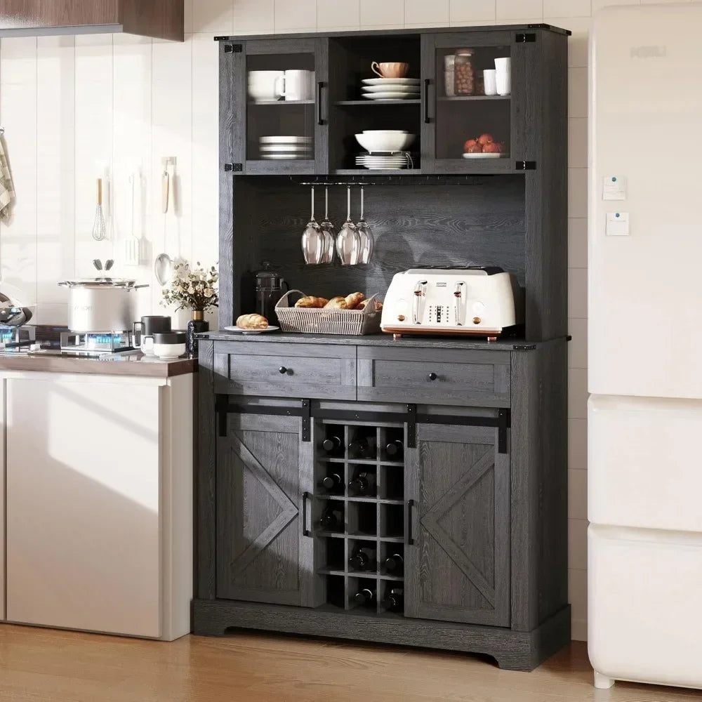 Tall Farmhouse Kitchen Pantry Buffet Wine Bar Cabinet with Sliding Barn Door And Wine Glass Rack for Storage And Customized
