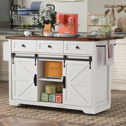 53.7" Farmhouse Kitchen Island With Power Outlet and Sliding Barn Doors,Rolling Cart With Drawers and Spice Rack for Dining Room
