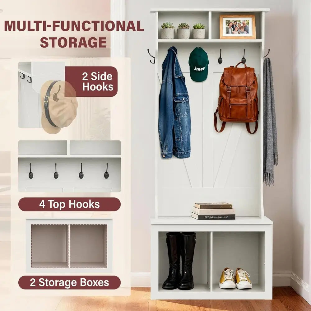 75-Inch White Entryway Bench with Coat Rack, Shoe Storage, and 4-Cubby Organizer