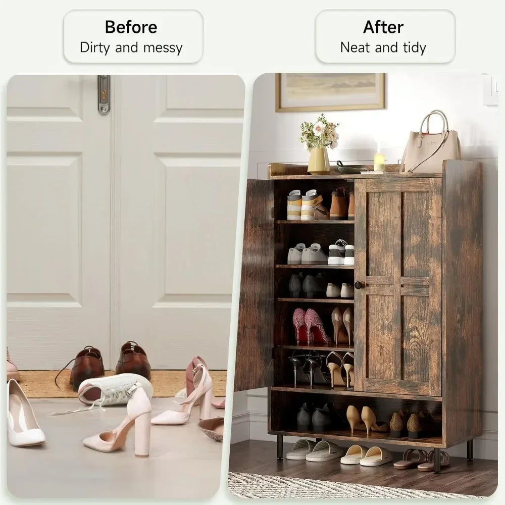 Customized6-Tier Shoe Storage Cabinet with Cross Molding Doors 3 Adjustable Shelves Metal Legs for Entryway Organizer