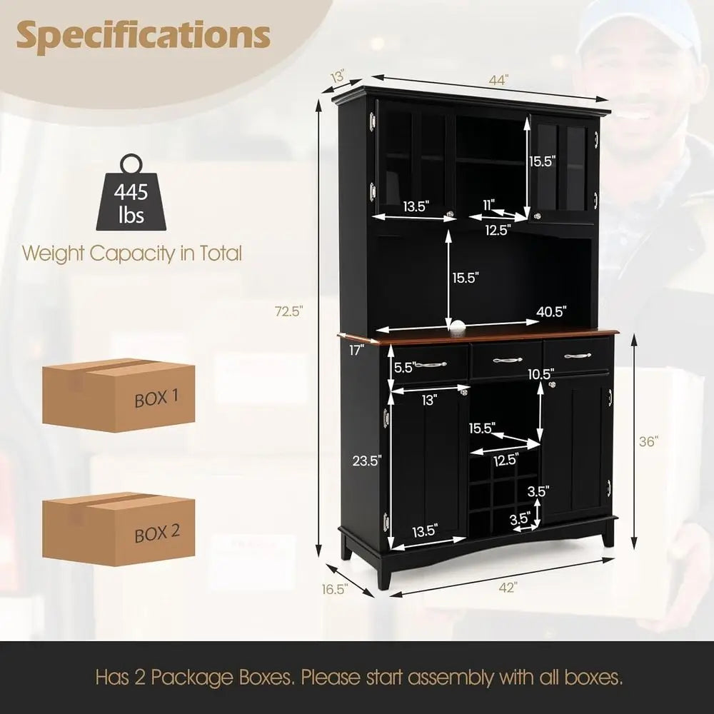 Kitchen Hutch Cabinet with Storage Island, Serving Buffet, 3 Drawers & 9 Bottle Rack (Black)