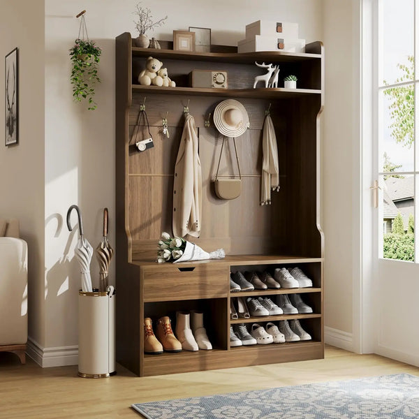 Bench, Simple Style 5 in 1 Hall Tree, Entryway Storage bench3-Layer Shoe Cabinet & 7 Coat Hooks,, Customized