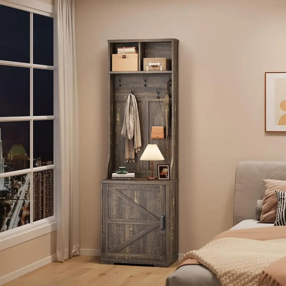 Space-Saving Narrow Entryway Bench with Shoe Storage, 5-Hook Coat Rack & 2 Open Shelves, Espresso Brown