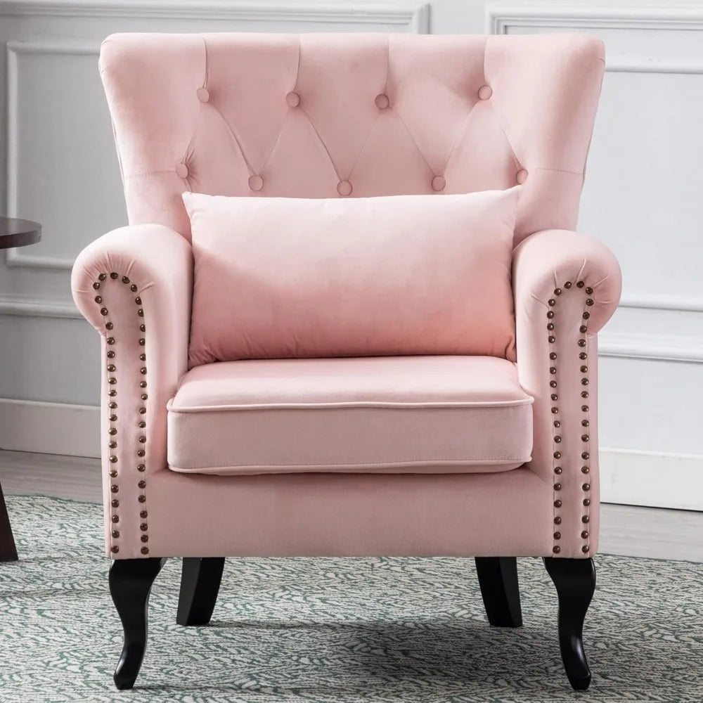 Mid Century Modern Accent Chair Upholstered Armchair Comfy Velvet Fabric Single Sofa with Tufted Wingback for Small, Customized