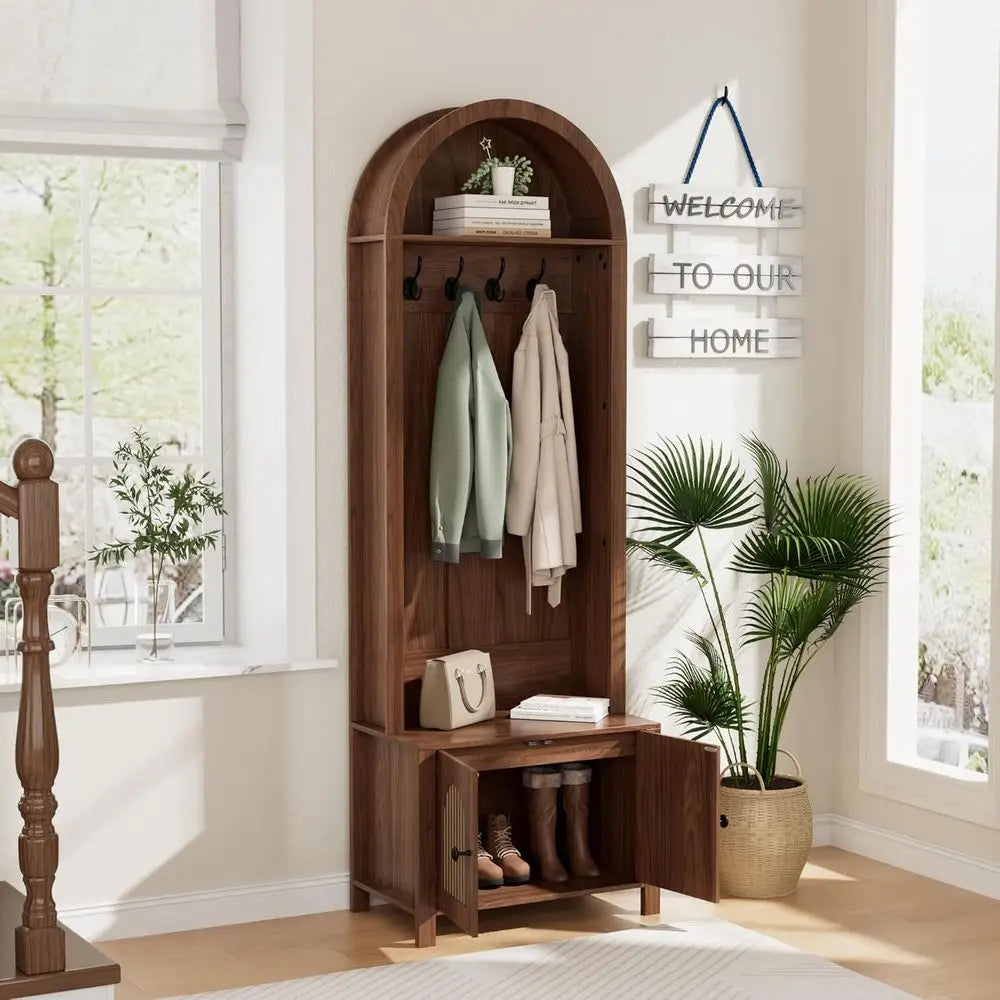 Walnut Entryway Bench with Coat Rack and Shoe Storage, 70.9 Arch Rack, 4 Hooks, 2 Luted Doors
