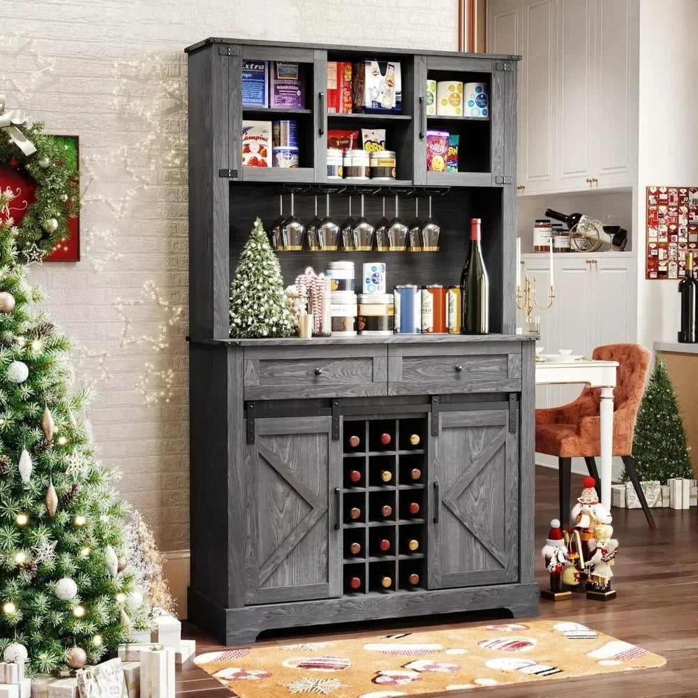 Tall Farmhouse Kitchen Pantry Buffet Wine Bar Cabinet with Sliding Barn Door And Wine Glass Rack for Storage And Customized