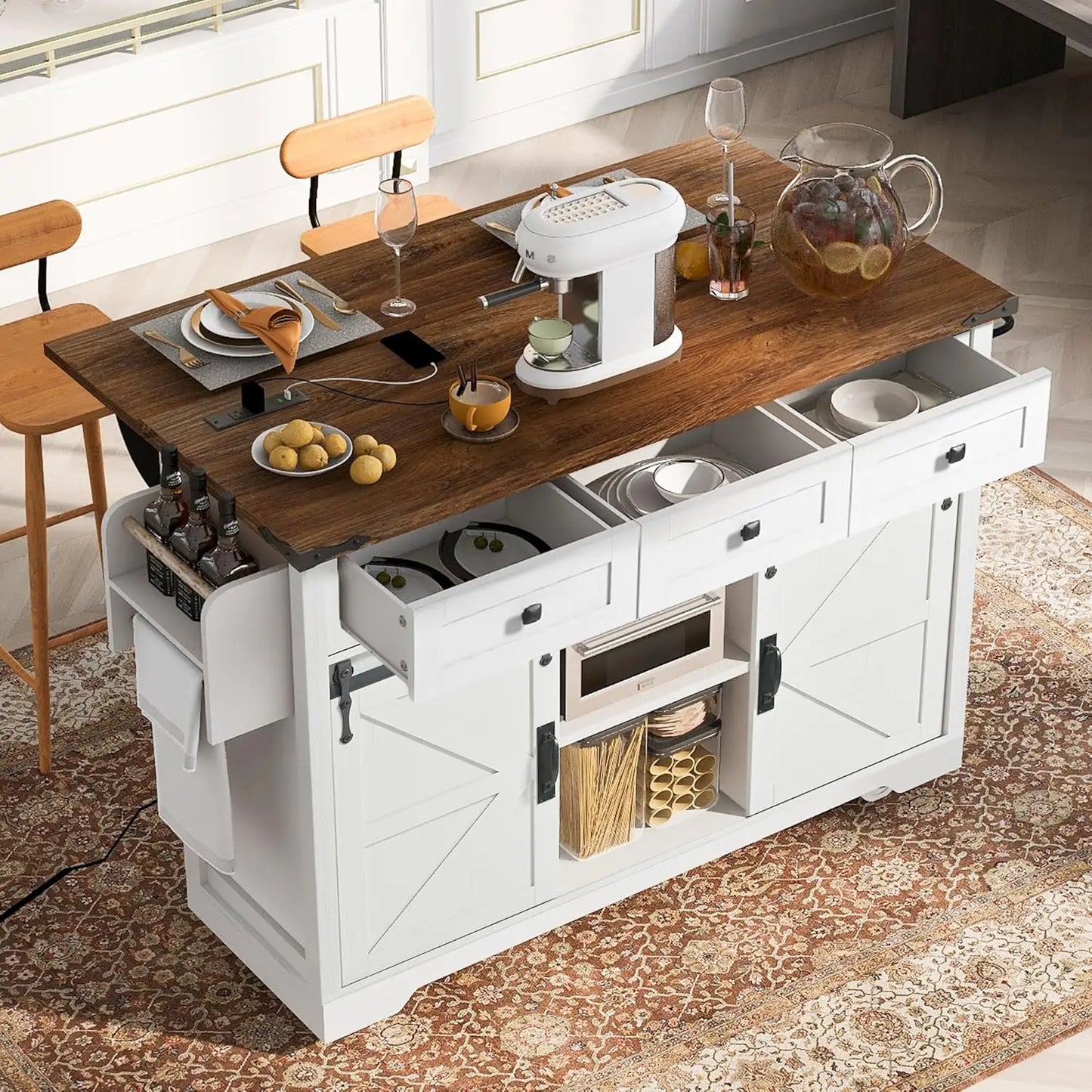 53.7" Farmhouse Kitchen Island With Power Outlet and Sliding Barn Doors,Rolling Cart With Drawers and Spice Rack for Dining Room