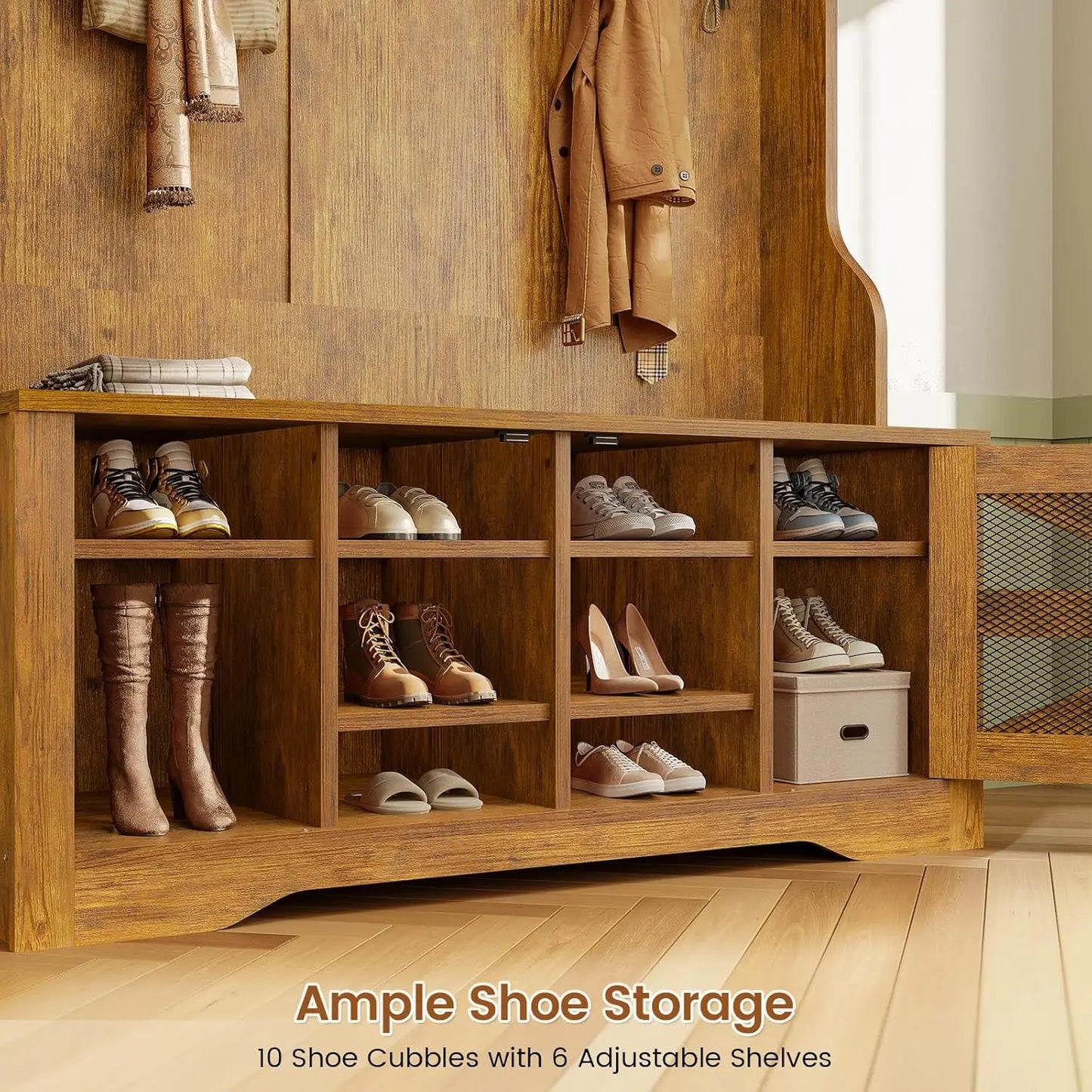 Hall Tree with Bench and Shoe Storage, 5-in-1 Entryway Bench with Coat Rack, 10 Shoe Cubbies & 9 Coat Hooks, Barn Door & Adjusta