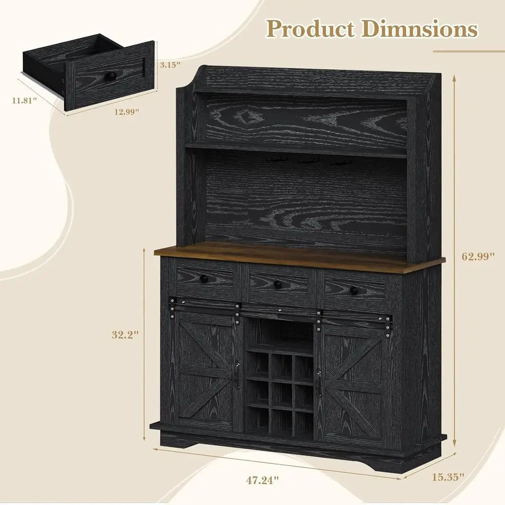 63 Tall 3-Tier Coffee Bar Cabinet, Kitchen Hutch with 3 Drawers, 9-Rack Wine Storage with 3 Glass Holders, Suitable for Living a