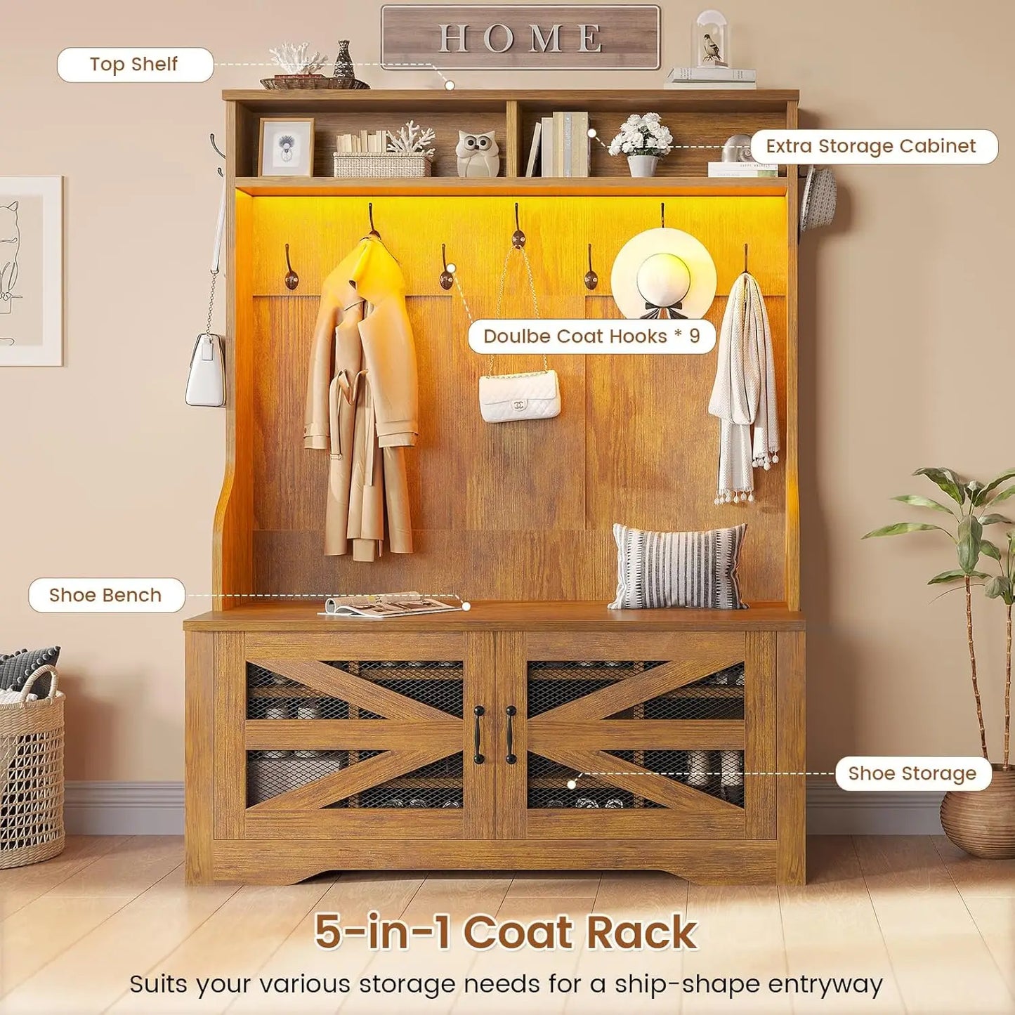 Hall Tree with Bench and Shoe Storage, 5-in-1 Entryway Bench with Coat Rack, 10 Shoe Cubbies & 9 Coat Hooks, Barn Door & Adjusta