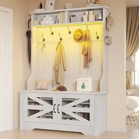5-in-1 Entryway Bench with Coat Rack, Shoe Storage, LED Lights & Adjustable Shelf - White Hall Tree for Home Organization